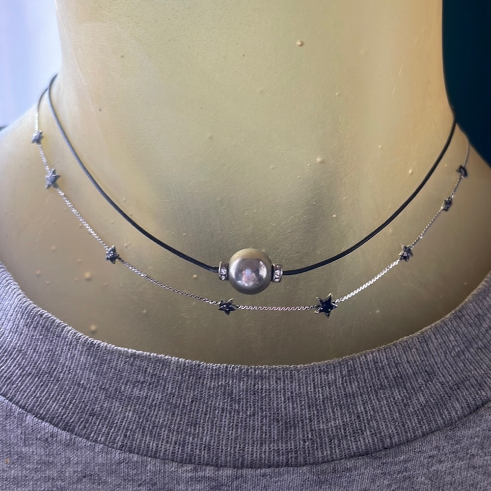 star choker & single bead silver pearl necklace